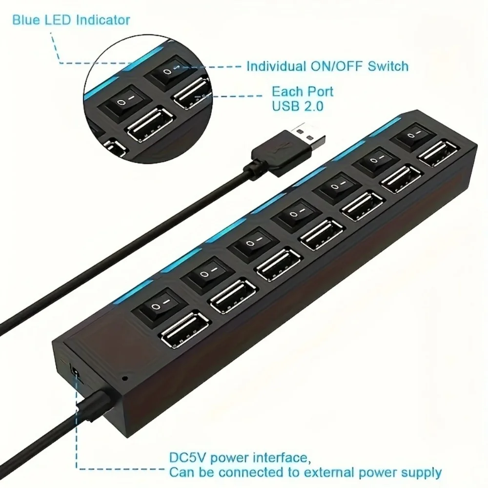 4/7 Port USB 2.0 Hub with Switch and LED High Speed Multi Splitter Expander Adapter For PC Laptop Desktop Computer Accessories - Image 4