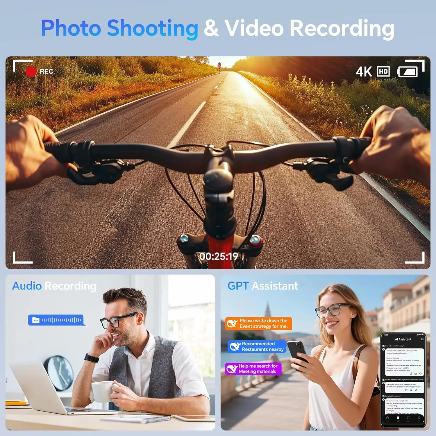 2026 New Smart AI Glasses 1080P HD Video Record Camera ChatGPT Bluetooth Call 32GB ROM Language Translation Music Sunglasses Men - Image 3