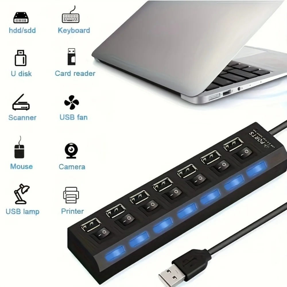 4/7 Port USB 2.0 Hub with Switch and LED High Speed Multi Splitter Expander Adapter For PC Laptop Desktop Computer Accessories - Image 6