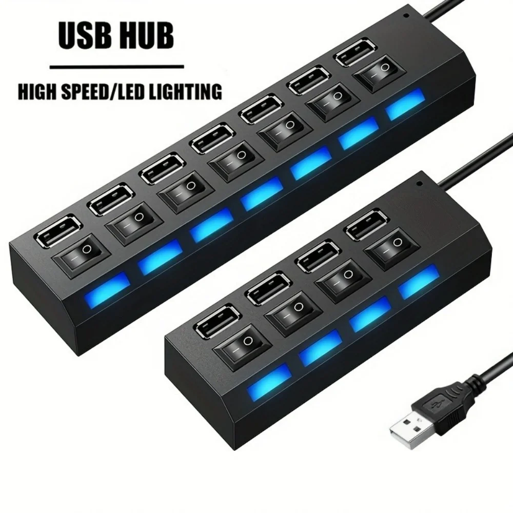 4/7 Port USB 2.0 Hub with Switch and LED High Speed Multi Splitter Expander Adapter For PC Laptop Desktop Computer Accessories